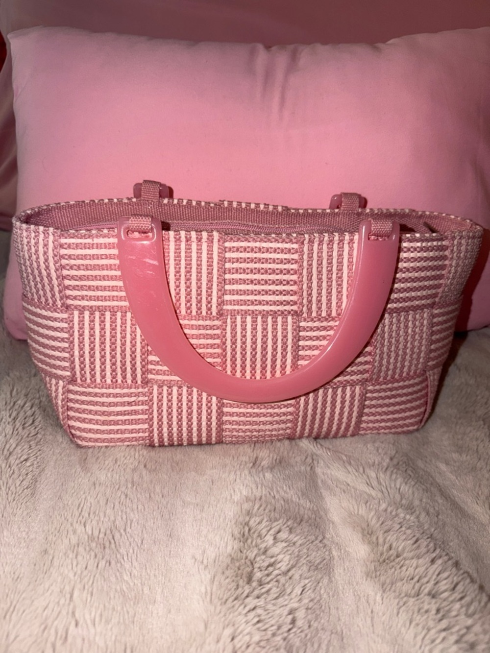 Vintage M&G Bertini Pink Woven Rectangle Tote Bag Double Lucite Handles Italy